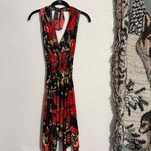 Halter Floral Midi Dress in Red and Black